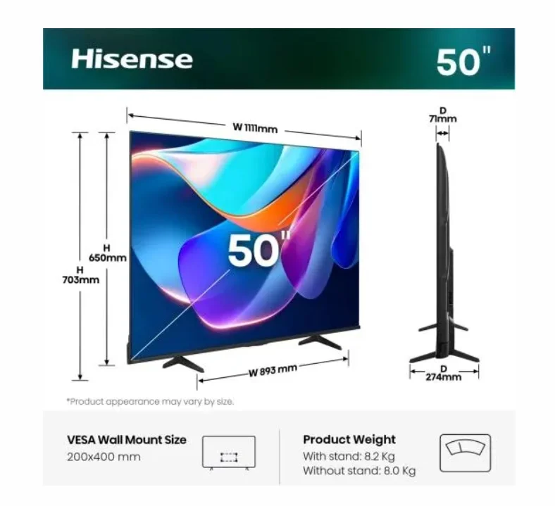 Hisense 50" A6S, 4K Ultra HD 3840x2160, DLED, DFA, Precision Colour, HDR 10+, HLG, Dolby Vision,Light sensor, Smart TV, WiFi, BT, AnyView Cast, Gaming Mode, 1xHDMI2 eArc, 3xHDMI, 2xUSB, LAN, CI+, DVB-T2/C/S2, Black