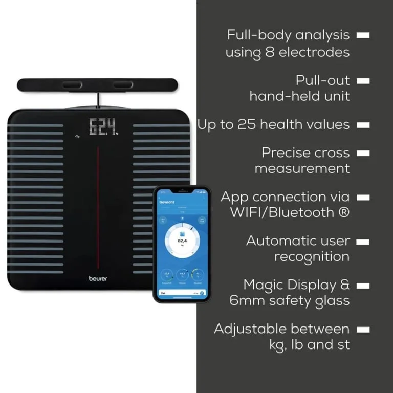 Електронен кантар Beurer BF 990, диагностичен, Wi-Fi/Bluetooth, 8 електрода, 180 kg, черен