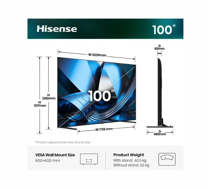 Hisense, 100''U7SE,ULED Smart, FALD, 165Hz, 5000:1,Quantum Dot, Dolby vision IQ,Vidaa, ADS, Black