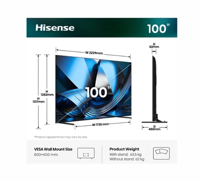 Hisense, 100''U7SE,ULED Smart, FALD, 165Hz, 5000:1,Quantum Dot, Dolby vision IQ,Vidaa, ADS, Black