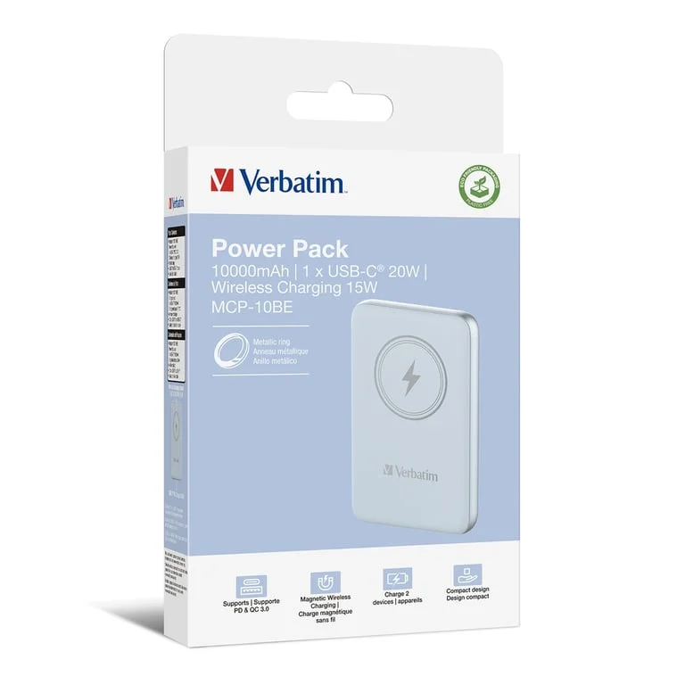 Външна батерия Verbatim MCP-10BE 10000 mAh, USB-C PD 20W, магнитно безжично зареждане 15W, синя
