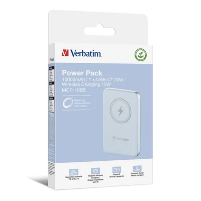 Външна батерия Verbatim MCP-10BE 10000 mAh, USB-C PD 20W, магнитно безжично зареждане 15W, синя