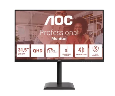 AOC Q32E4U, 31.5" IPS WLED, 2560x1440@100Hz, 4ms GtG, 350cd m/2, 1000:1, 20M:1 DCR, Adaptive Sync, FlickerFree, Anti Blue Mode, 3Wx2, Tilt, Height Adjust, Pivot, Swivel, 2xHDMI, DP, USB Hub