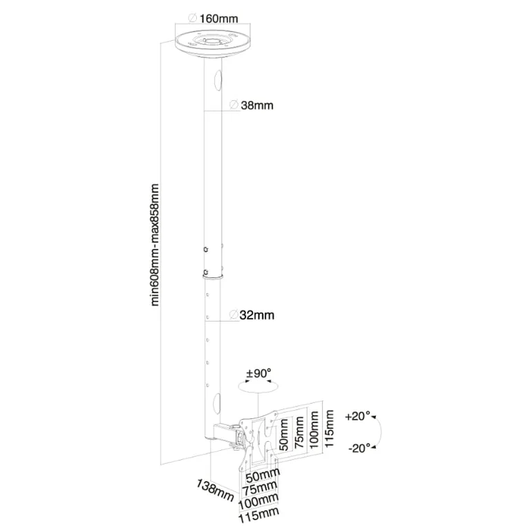 Стойка за таван за плосък екран Neomounts FPMA-C050, 10"–30", регулируема височина 60–85 см, до 20 кг, черна