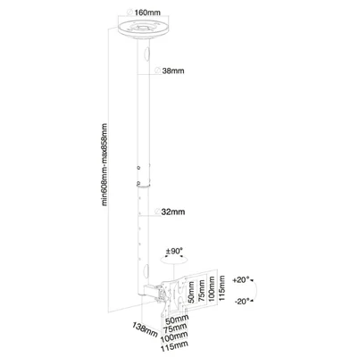 Стойка за таван за плосък екран Neomounts FPMA-C050, 10"–30", регулируема височина 60–85 см, до 20 кг, черна