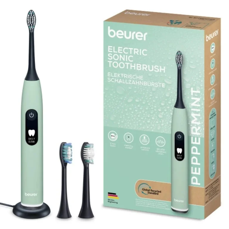 Beurer SC 50 peppermint Electric Sonic Toothbrush, up to 80,000 mov/min, 5 cleaning programs: Clean, Sensitive, Polish, Gum Care, Whiten, Pressure sensor , 2-min. timer, Incl. 2 toothbrush heads and magnetic charging plate, 22 days of battery life