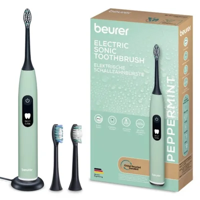 Beurer SC 50 peppermint Electric Sonic Toothbrush, up to 80,000 mov/min, 5 cleaning programs: Clean, Sensitive, Polish, Gum Care, Whiten, Pressure sensor , 2-min. timer, Incl. 2 toothbrush heads and magnetic charging plate, 22 days of battery life