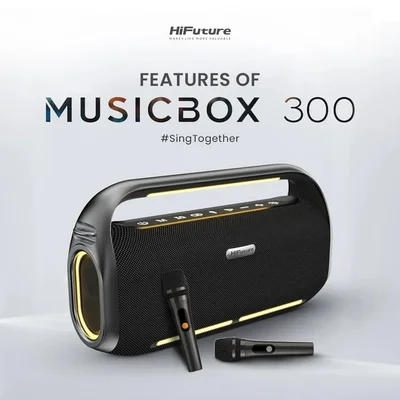 Тонколона HiFuture MusicBox300 Black 150W, Karaoke, 2 безжични микрофона, 18000mAh батерия, RGB осветление, TWS, Bluetooth 5.3