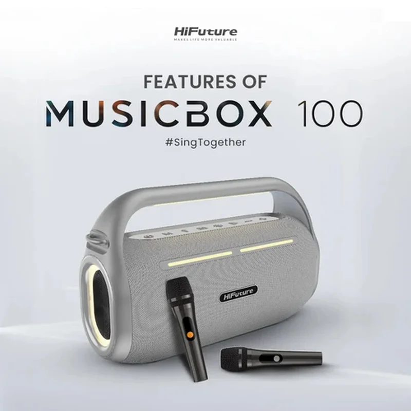 HiFuture MusicBox100 Silver, 20W Output, Karaoke Enable, Two Wireless Microphone, 4000mAh Battery (Support Power Bank), RGB Lighting, Pair to Play (TWS Mode), Bluetooth 5.3