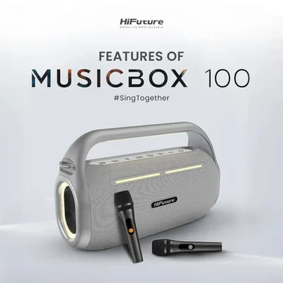 HiFuture MusicBox100 Silver, 20W Output, Karaoke Enable, Two Wireless Microphone, 4000mAh Battery (Support Power Bank), RGB Lighting, Pair to Play (TWS Mode), Bluetooth 5.3