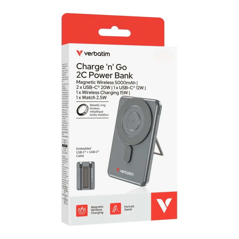 Външна батерия Verbatim Charge 'n' Go 2C 5000mAh магнитна безжична с 2 USB-C кабела и стойка, сива