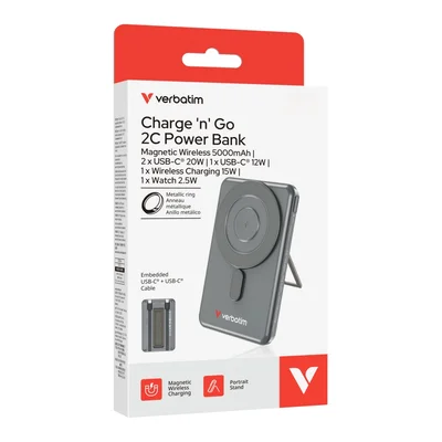 Външна батерия Verbatim Charge 'n' Go 2C 5000mAh магнитна безжична с 2 USB-C кабела и стойка, сива