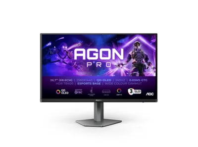 AOC AG276QZD2, 26.7" QD-OLED, 2560x1440@240Hz, 0.03GtG, 1000cd m/2, 1.5M:1, 80M:1 DCR, Adaptive Sync, FlickerFree, Low Blue Light, 5Wx2, Tilt, Height Adjust, Pivot, Swivel, 2xHDMI, 2xDP, USB hub