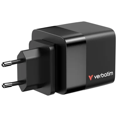 Verbatim Mini GaN Charger 65W 2 Port retractable cable display US plugs with EU and UK adaptors