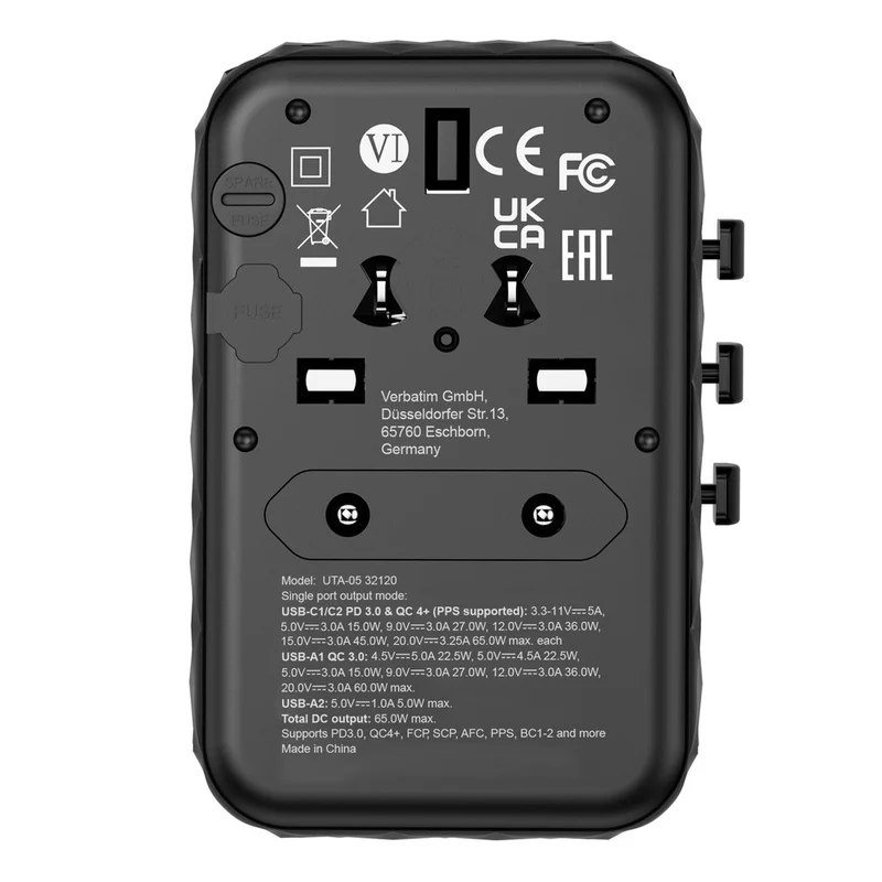 Verbatim UTA-05 GaN III Universal Travel Adapter with 2 x USB-C PD 65W & QC 4+ / 2 x USB-A