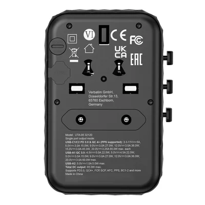 Verbatim UTA-05 GaN III Universal Travel Adapter with 2 x USB-C PD 65W & QC 4+ / 2 x USB-A