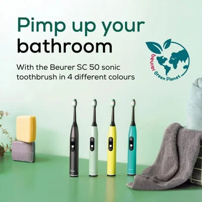 Beurer SC 50 ocean breeze Electric Sonic Toothbrush, up to 80,000 mov/min, 5 cleaning programs: Clean, Sensitive, Polish, Gum Care, Whiten, Pressure sensor , 2-min. timer, Incl. 2 toothbrush heads and magnetic charging plate, 22 days of battery life