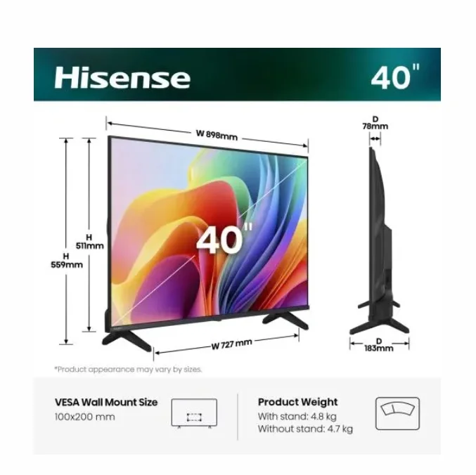 Hisense 40" A4S, Full HD 1920x1080, DLED, HDR, HLG, DTS HD, Smart TV, WiFi, WiFi Direct, 2xHDMI, 2xUSB, LAN, CI+, DVB-T2/C/S2, Black