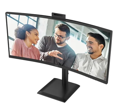AOC CU34E4CW, 34" Curved 1500R, VA, WLED, 3440x1440@120Hz, 4ms GtG, 1ms MPRT, 350cd m/2, 3500:1, 50M:1 DCR, Adaptive Sync, FlickerFree, Anti-Blue Light, 5Wx2, Webcam 5MP, Tilt, Height Adjust, Swivel, 2xHDMI, DP, USB hub, KVM, RJ45
