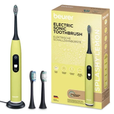 Beurer SC 50 splashy lemon Electric Sonic Toothbrush, up to 80,000 mov/min, 5 cleaning programs: Clean, Sensitive, Polish, Gum Care, Whiten, Pressure sensor , 2-min. timer, Incl. 2 toothbrush heads and magnetic charging plate, 22 days of battery life