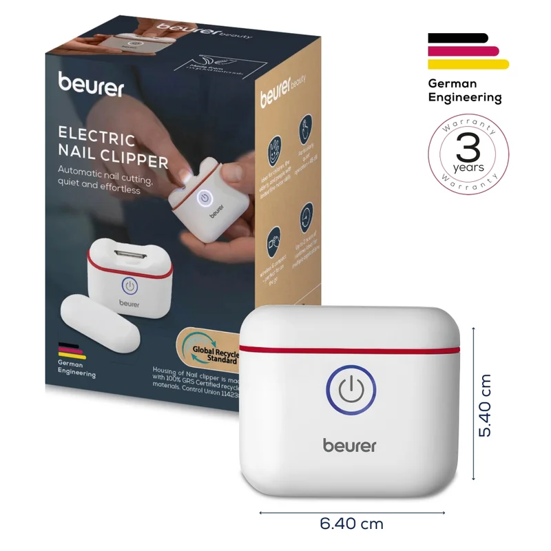 Beurer MP 10 Electric nail clipper; Nails are cut automatically; One-button operation; Ideal for children & the elderly; Two speed settings; LED light; USB-C cable incl.
