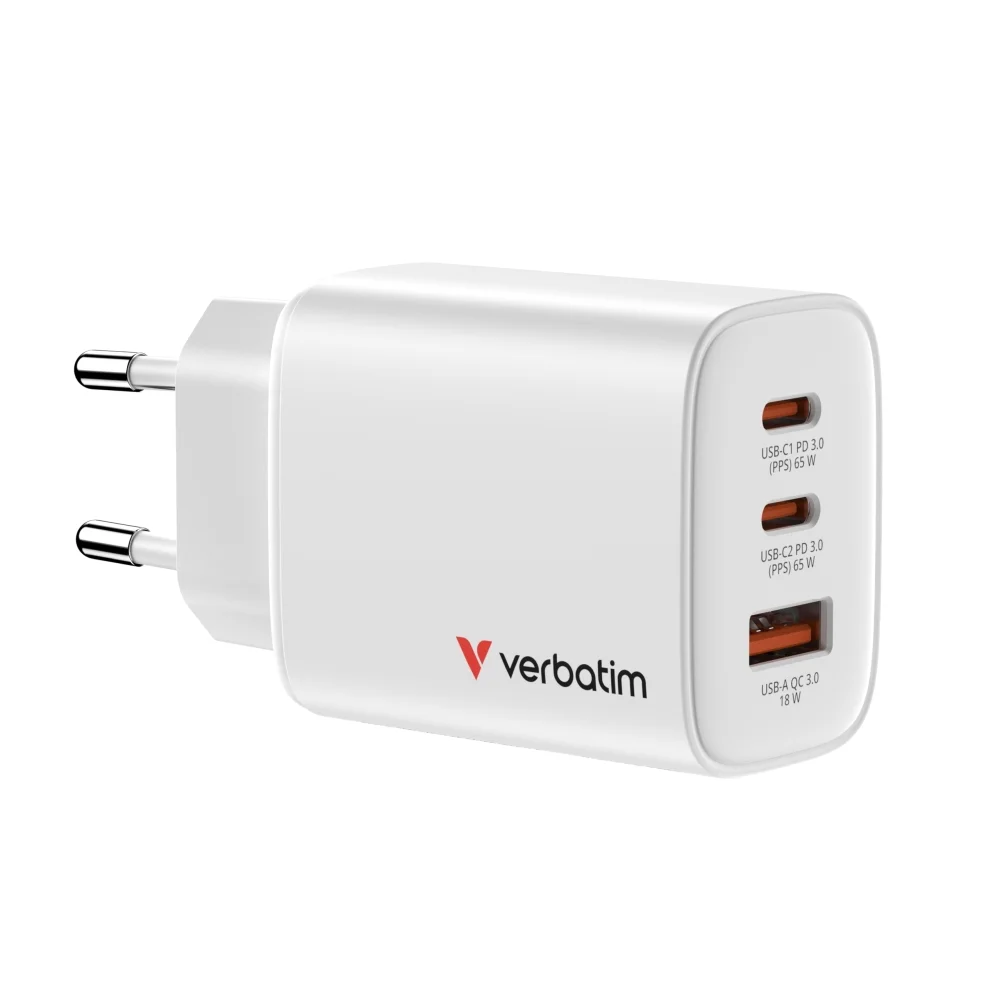 Зарядно устройство VERBATIM – Essentials GaN 65W, EU щепсел, бяло