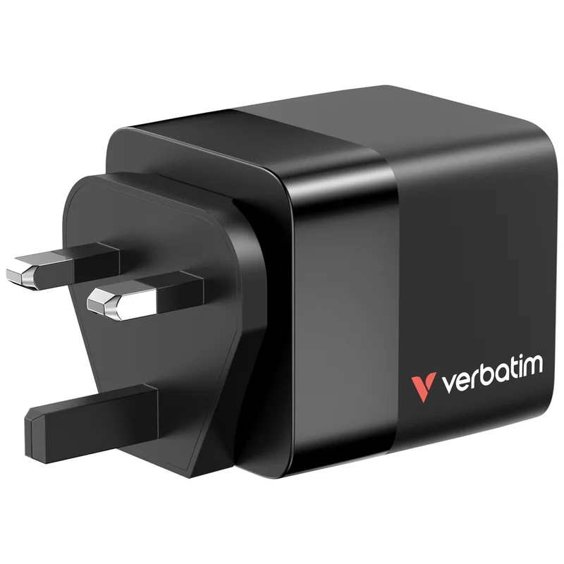 Verbatim Mini GaN Charger 65W 2 Port retractable cable display US plugs with EU and UK adaptors
