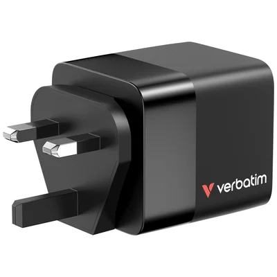 Verbatim Mini GaN Charger 65W 2 Port retractable cable display US plugs with EU and UK adaptors