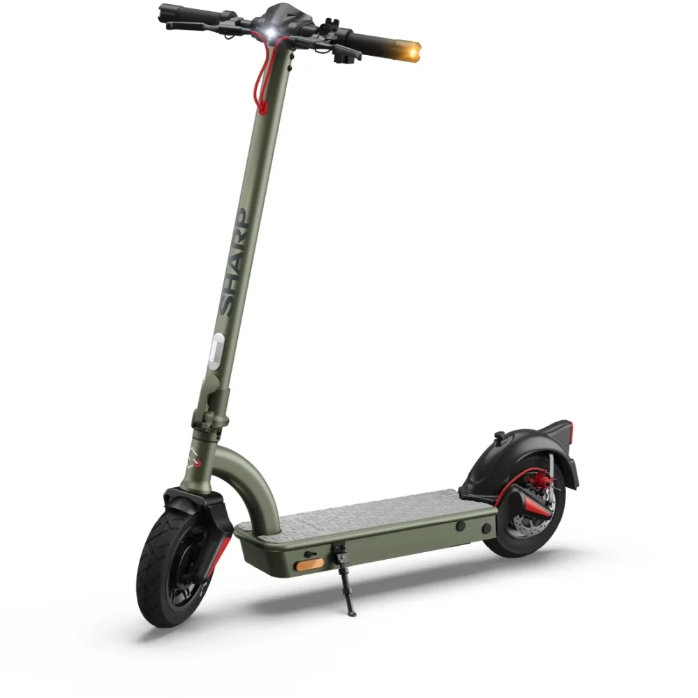 Sharp Electric Scooter, Range per charge: 35 km, 350W Motor, LED Display, e-ABS, USB Charging Port, Bluetooth, IPX4 certification, 10" Pneumatic tyre, Triple brake system, Rear Suspension, Max load: 120 kg, Olive Gray