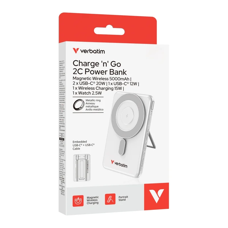 Verbatim Charge 'n' Go 2C Power Bank Magnetic Wireless 5000mAh with 2 USB-C Cables & Stand Silver