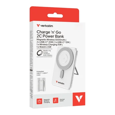Verbatim Charge 'n' Go 2C Power Bank Magnetic Wireless 5000mAh with 2 USB-C Cables & Stand Silver