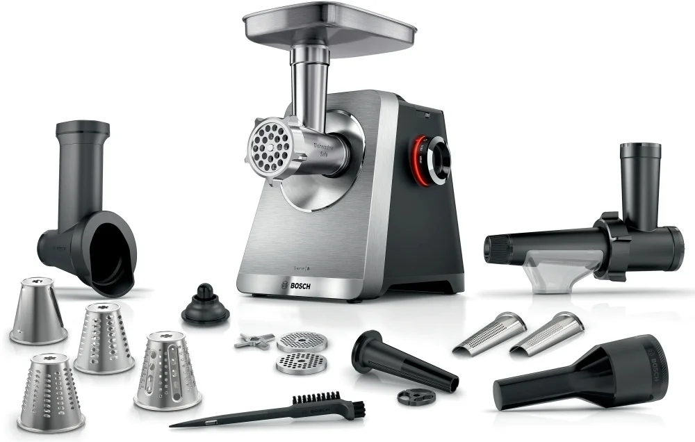 Bosch MFWS860M, SER8, Meat mincer, Blocking power: 2500W, 4,5 kg/min, 10-year motor, dishwasher safe, tomato press, 4 grating discs, kebbe att., sausage att., silver black