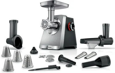 Bosch MFWS860M, SER8, Meat mincer, Blocking power: 2500W, 4,5 kg/min, 10-year motor, dishwasher safe, tomato press, 4 grating discs, kebbe att., sausage att., silver black