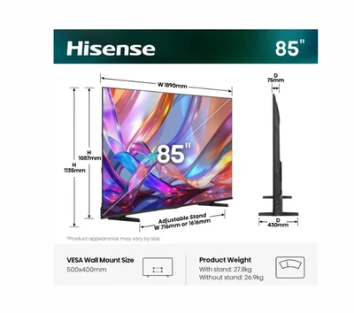 Hisense 85" E7S, 4K Ultra HD 3840x2160, Quantum Dot, 60Hz, Light Sensor,IPS, HDR 10+, HLG, Dolby Vision IQ, Dolby Atmos, Smart TV, WiFi 5GHz, WiFi Direct, BT, Anyview Cast, 3xHDMI, 2xUSB, LAN, CI+, DVB-T2/C/S2, Black