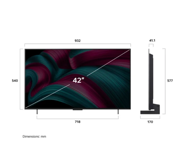 LG OLED42C51LA, 42" UHD OLED evo, 4K (3840 x 2160), DVB-C/T2/S2, Full Cinema Screnn, Alpha 9 AI 4K Gen8, 120Hz Native (VRR 144Hz), ThinQ AI, HDR10, VRR, NVIDIA G-SYNC, AMD FreeSync, Dolby Vision, Dolby Atmos, Wi-Fi 6, Bluetooth, HDMI, USB, Airplay 2, IC