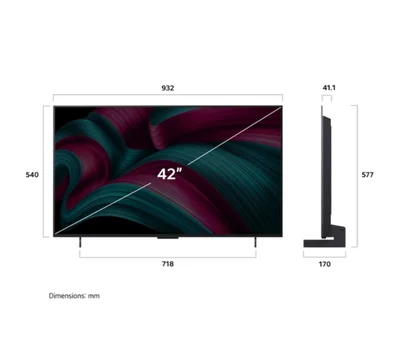 LG OLED42C51LA, 42" UHD OLED evo, 4K (3840 x 2160), DVB-C/T2/S2, Full Cinema Screnn, Alpha 9 AI 4K Gen8, 120Hz Native (VRR 144Hz), ThinQ AI, HDR10, VRR, NVIDIA G-SYNC, AMD FreeSync, Dolby Vision, Dolby Atmos, Wi-Fi 6, Bluetooth, HDMI, USB, Airplay 2, IC