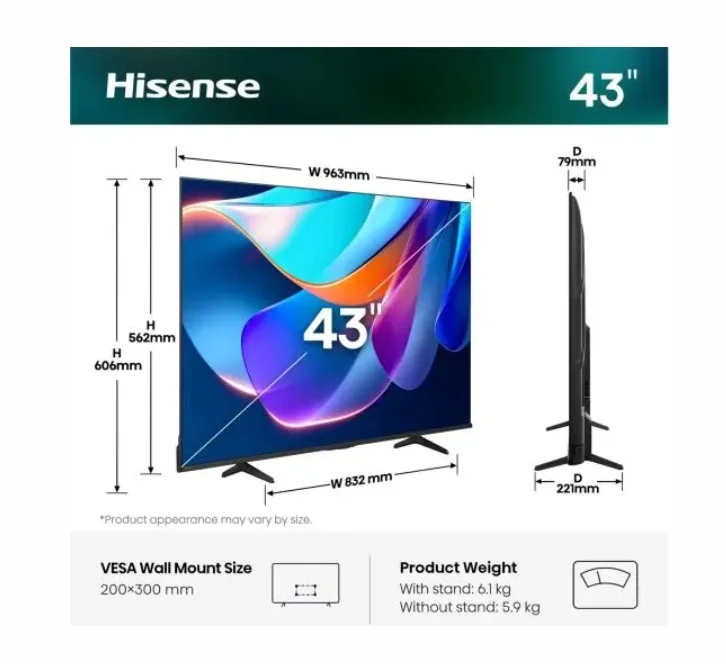 Телевизор Hisense 43" A6S 4K UHD DLED Smart TV, HDR10+, Dolby Vision, черен
