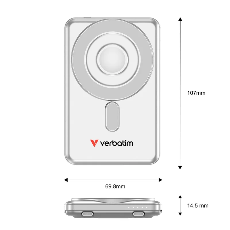 Verbatim Charge 'n' Go 2C Power Bank Magnetic Wireless 5000mAh with 2 USB-C Cables & Stand Silver