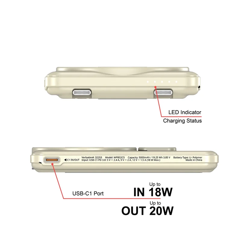 Verbatim Charge 'n' Go 2C Power Bank Magnetic Wireless 5000mAh with 2 USB-C Cables & Stand Gold