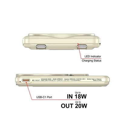 Verbatim Charge 'n' Go 2C Power Bank Magnetic Wireless 5000mAh with 2 USB-C Cables & Stand Gold