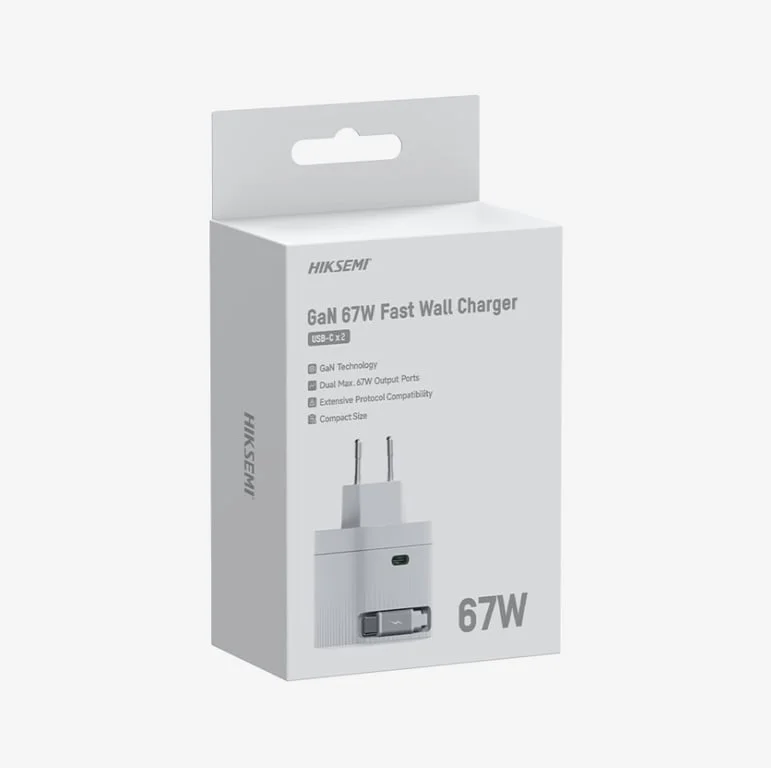 Зарядно HIKVISION GaN Fast Charger 2C 67W, USB-C изтеглящ се кабел и USB-C порт, бяло