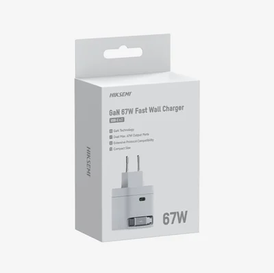 Зарядно HIKVISION GaN Fast Charger 2C 67W, USB-C изтеглящ се кабел и USB-C порт, бяло