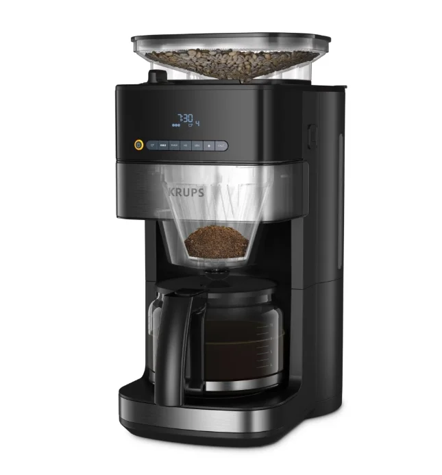 Krups KM832810 Grind & Brew, metalic grinder, 3 grinding settings, digital display, timer, 1.25L