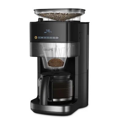 Krups KM832810 Grind & Brew, metalic grinder, 3 grinding settings, digital display, timer, 1.25L