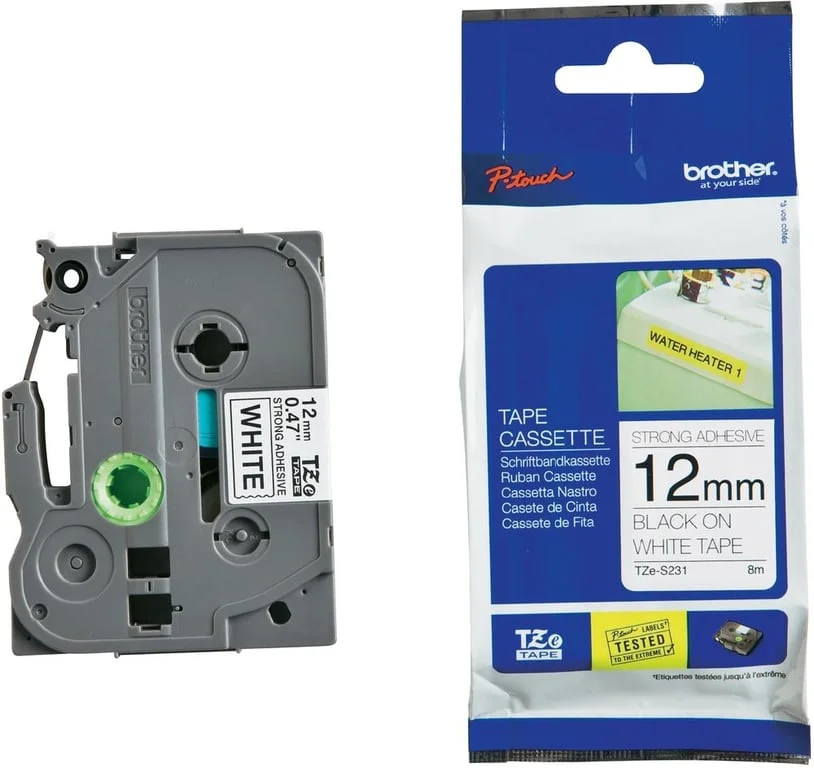Ламинирана лента Brother TZe-S231 12mm x 8m, черен текст на бял фон, extra strong adhesive