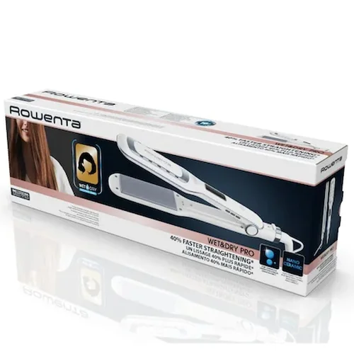 Преса за коса Rowenta SF5010F0 Wet & Dry Pro, Nano Ceramic, йонизираща функция, широки плочи, LCD дисплей, бяла