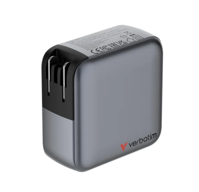 Зарядно Verbatim Mini GaN 140W с дисплей + USB-C към USB-C кабел 140W, сив