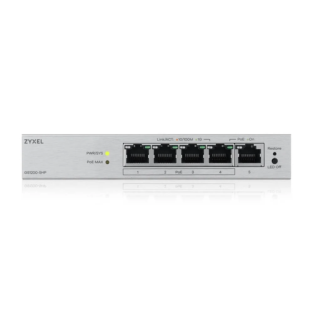ZyXEL GS1200-5HP v3, 5 Port Gigabit PoE+ webmanaged Desktop Switch, 4x PoE, 68 Watt