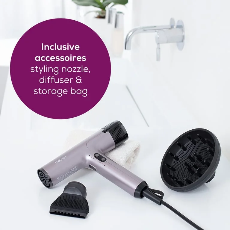 Beurer HC 100 Excellence Hair dryer, ECO technology, lightweight and ergonomic, Slim, magnetic nozzle and diffuser, Ion function, 4 temperature and blower settings, Integrated memory function