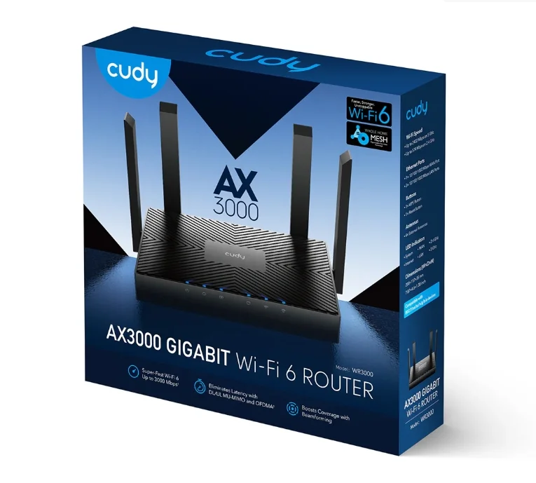 Cudy WR3000 AX3000 Gigabit Wi-Fi 6 Mesh Router 2402Mbps at 5GHz + 574Mbps at 2.4GHz, 4 x 10/100/1000Mbps Ports